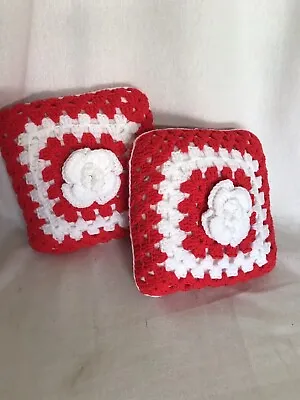 $24.99 • Buy Vintage Hand Made Crochet Pillows Granny Square Boho Decor Flower Red White Xmas