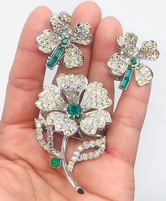 RARE Vtg JOMAZ Mazer? Green AB Clear Rhinestones Flower Brooch Earrings Set • $246.50