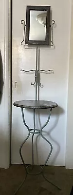 Vintage Cast & Wrought Iron Shaving  Stand /Hall Tree With Wood Top & Mirror • $350