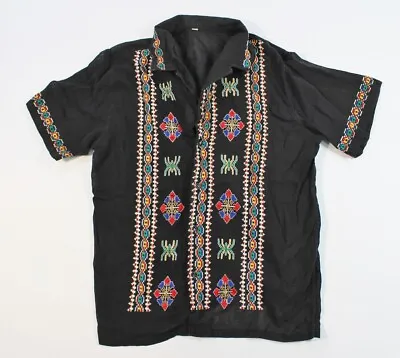 Black Mexican Style Guayabera Tribal Button Up Front Shirt Linen Embroidered  • $17.49