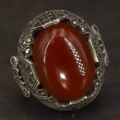 $7.50 • Buy VTG Sterling Silver - 1920's ART DECO Carnelian & Marcasite Ring Size 4.5 - 8g