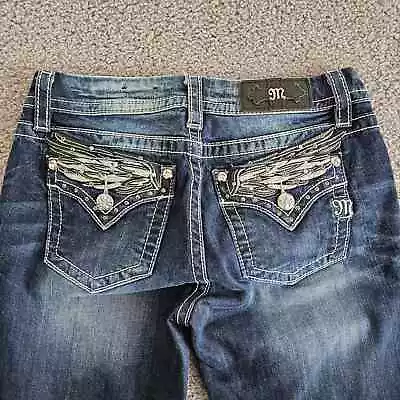 Miss Me Jeans Womens 26 Blue Easy Boot Cut Mid Rise Flap Pockets Embellished • $29.97