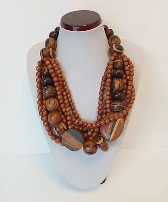 Chunky Monies Patterned Wood Bead Necklace Signed.  RUNWAY • $285