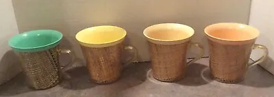 Vintage Rattan Raffia Wicker Insulated Melmac Tumbler Plastic Cup / Mug Set Of 4 • $24.99