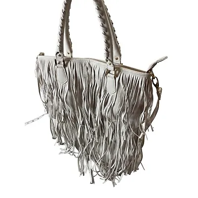 H & M White Faux Leather Fringed Deep Zip Close Handbag • £16.87