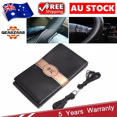 Universal PU Leather DIY Car Steering Wheel Cover With Needles Thread Black AU • $10.29
