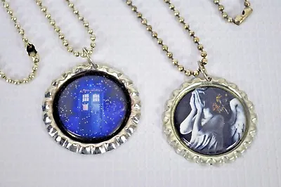 Dr. Who Themed NECKLACES Silver Tone BOTTLE CAP Pendants TARDIS - WEEPING ANGEL • £12.50