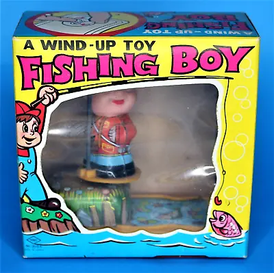 Yone 1950's Tin Wind Up Fishing Boy Toy #2104 W/Original Box & Tested -  Japan • $39.95