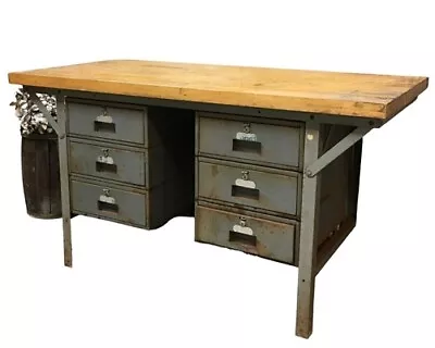 Vintage Butcher Block Table Industrial Age Workbench Steel Desk Store Counter • $595