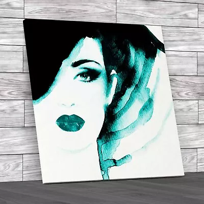 Abstract Watercolor Fashion Pop Woman Portrait Teal Canvas Print Large Picture • £18.95