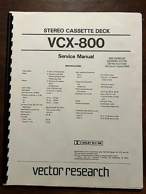 Vector Research VCX-800 Cassette Tape Deck Service Manual OEM Vintage Rare • $39.99