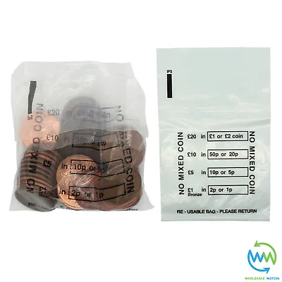 100 X Plastic COIN BAGS No Mixed Coins MONEY BANK Retail CHANGE Denominated Bag • £2.49