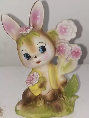 Japan Vintage 80's Kitch Girl Bunny Rabbit With Pink Bouquet Flowers Figurine • $18