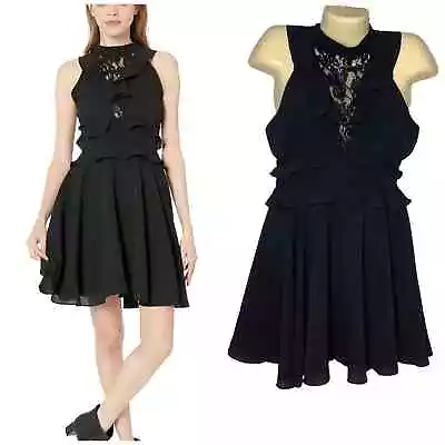 BB Dakota Dress Women 4 Black Mini Sleeveless Bubble Crepe Ruffle Lace Fit Flare • $34.88