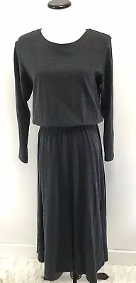 Vtg Laura Ashley Cotton Solid Grey Simple Maxi Long Dress LARGE Long Sleeve LS • $35