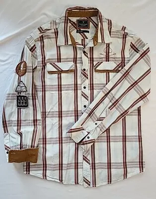 Marc Ecko Sz L Cut Sew Plaid Corduroy Flip Cuff Embroidered Patch Work Button Up • $24.88