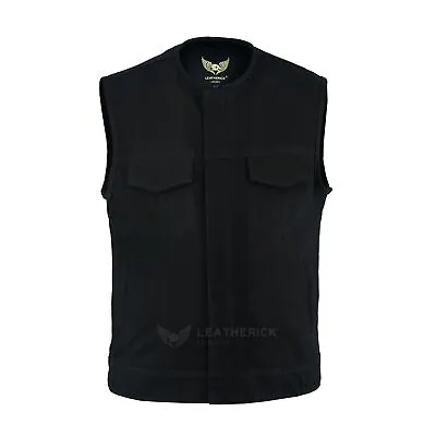 Men's SOA Collarless Black 14.5 Oz Denim Motorcycle Waistcoat With Deep Pockets • $99.99