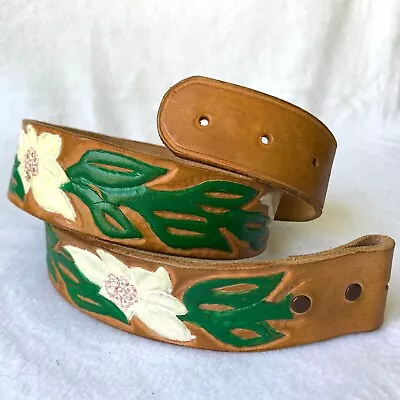 Vintage Leather Belt Tooled Flower Stamped Hand Painted No Buckle Unique Lasting • $19