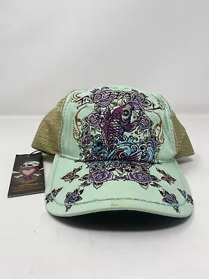 Vtg New Ed Hardy Koi Fish Fingerwaves Stitch Embroidered Trucker Hat • $150