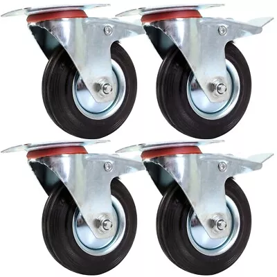 £17.69 • Buy BRAKED CASTOR WHEELS 4 X 125mm Large 280Kg Swivel Black Rubber Trolley Caster UK