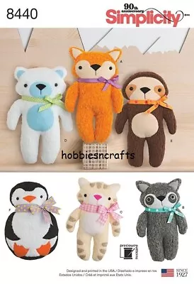 £9.59 • Buy SIMPLICITY 8440 STUFFED ANIMALS Sewing Pattern Raccoon Fox Kitten Penguin Bear +
