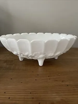 Vintage Indiana Harvest Grapes Oval Fruit Bowl Milk Glass Footed Scalloped White • $10.99
