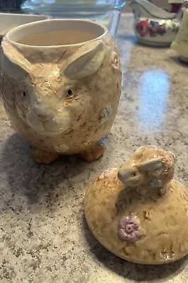 Vintage Egg Shaped Spring Bunny Rabbit Canister Or Cookie Jar W Bunny Finial 9  • $11.95