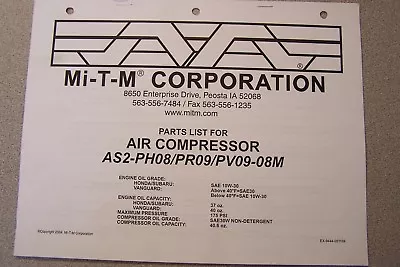 Mi-T-M PARTS LIST FOR AIR COMPRESSOR AS2-PH08/PR09/PV09-08M • $8