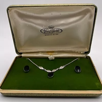 Vtg 1960s Signed VanDell Necklace Earrings Set Sterling Silver Onyx Glass 16  • $39.99