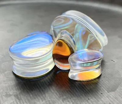 PAIR Luminous Moonstone Iridescent Glass Teardrop Plugs Double Flare Gauges • $13.95