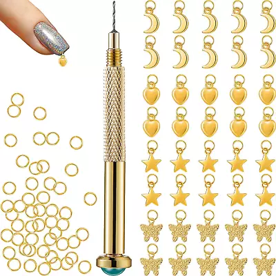 91 Pieces Nail Jewelry Rings With Nail Piercing Tool Hand Drill Pierced Jewel • $11.62