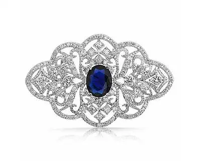 Vintage Style Sapphire Dark Blue Wedding Bouquet Shiny Diamante Brooch Pin BR326 • $8.32