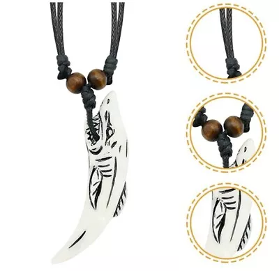 Men's Shark Tooth Pendant Boho Yak Bone Necklace Celtic Viking Retro Biker Gifts • £6.89