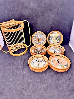7pc Vintage Rattan Bamboo Pressed Butterfly Acrylic Coasters With Carrier READ • $22