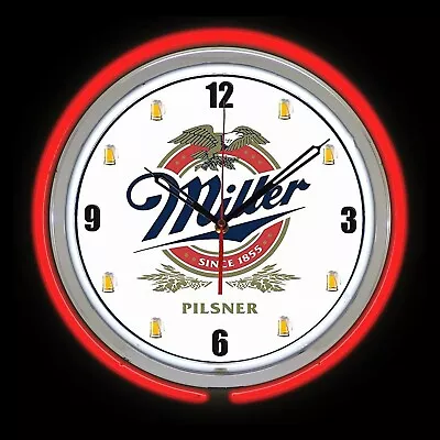 15  Miller Pilsner Beer Sign Red Double Neon Clock Man Cave Bar Garage • $119.95