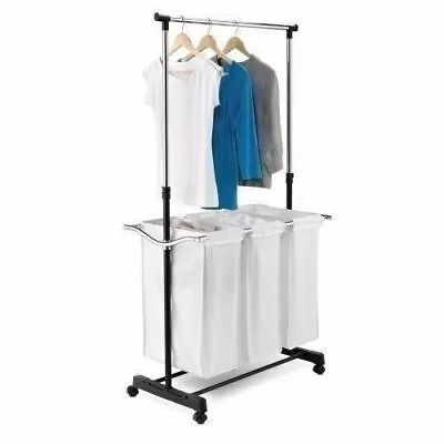 $64.90 • Buy Laundry Sorter Cart 3 Bag Hamper Rolling Wheels Storage Clothes Organizer Bar
