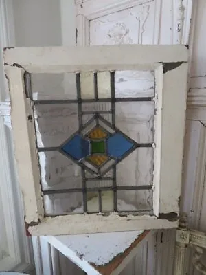 AWESOME Old Architectural LEADED Stained GLASS WINDOW With White Wood Frame • $120