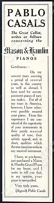 1917 Pablo Casals Endorsement Mason & Hamlin Piano Vintage Trade Print Ad • $9.99