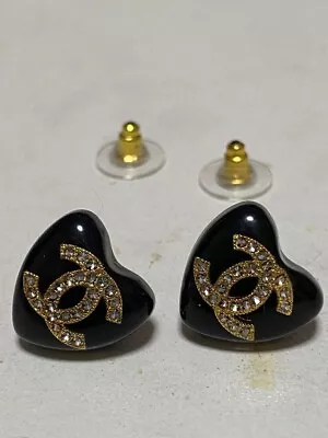 CHANEL CC Logos Black Heart Stud Earrings Gold Rhinestone No Box #33 • $238