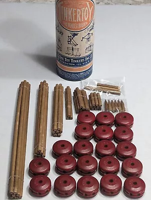 1920's Vintage Tinker Toy Set Wonder Builder 64 Wooden Pieces W/ Can Bright Red • $29.99