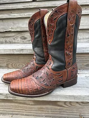 Vintage Corral Men’s 12 EE Brown Black Caiman Tooling Cowboy Boots • $499