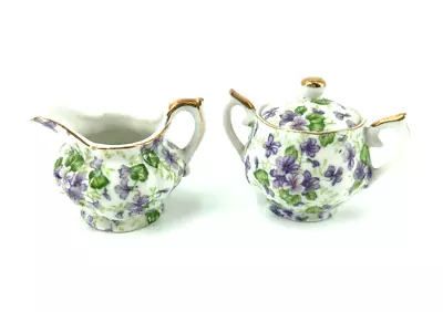 Lefton China Violet Chintz Creamer & Sugar Hanp Painted Gold Trim 794V • $27.99