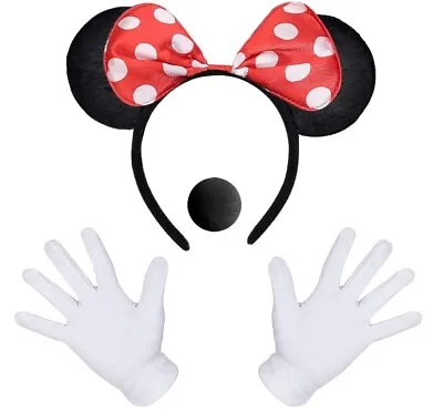 Womens Girls Minnie Mouse Ears Headband Nose Gloves Hen Nights Party Fancy Dress • £12.90