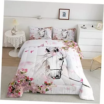  Girls Horse Comforter Set Chic Cherry Blossom Bedding Set Boys Full Multi 1011 • $79.98