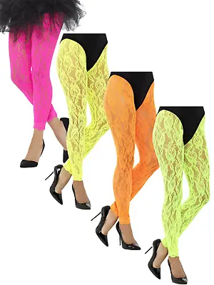 Ladies 1980s Lace Leggings Neon Madonna Fancy Dress Costume Accessory • $43.49