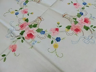 $67.99 • Buy French White Cotton Embroidery Applique Tablecloth + 8 Napkins 72  New Old Stock