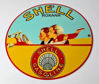 Vintage Shell Gasoline Sign - Roxana Old Automobile Gas Pump Plate Nozzle Sign • $139.47