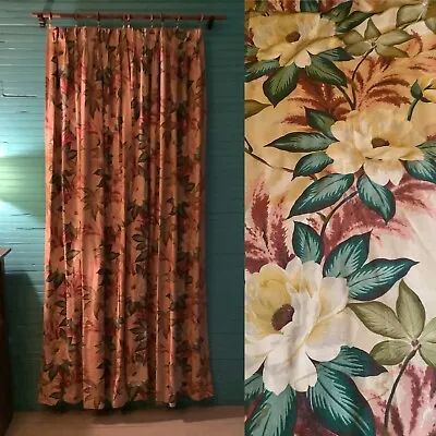 1940-50’ Floral Print Drapes. 2 Panels Tropical Print Rayon Perfect For Pillows • $26