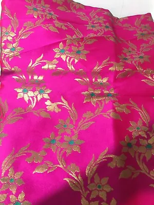 44   Hot Pink Faux Banarsi Gold Zari Jacquard Viscose Dress Fabric 1m • £10