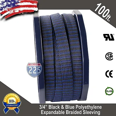 100 FT 3/4  Black Blue Expandable Wire Sleeving Sheathing Braided Loom Tubing US • $24